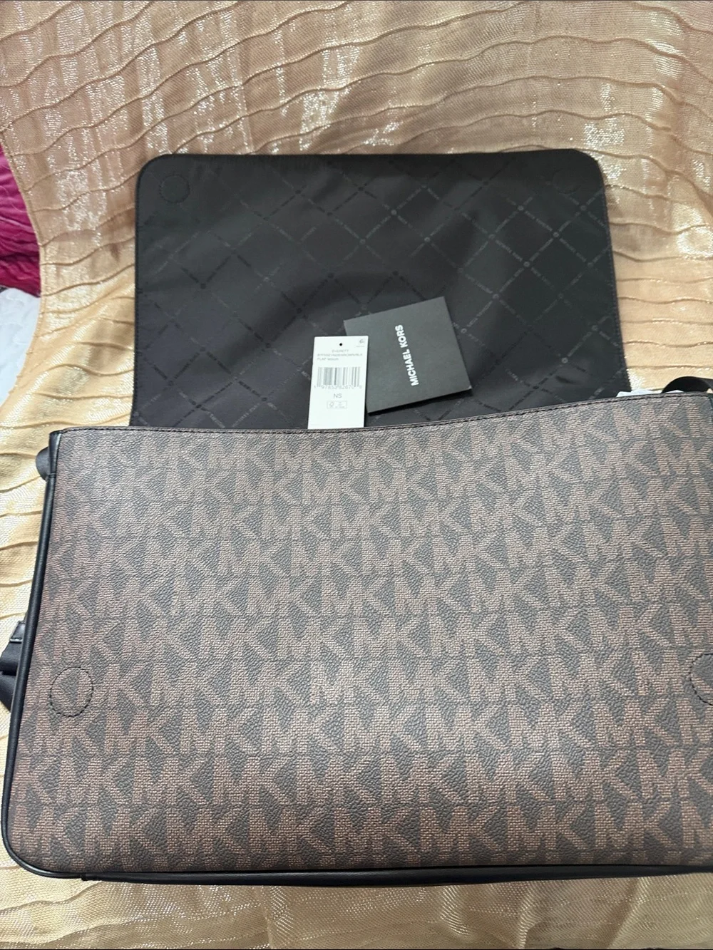 Michael Kors Brown MK Signature Canvas Messenger Bag with Black Strap